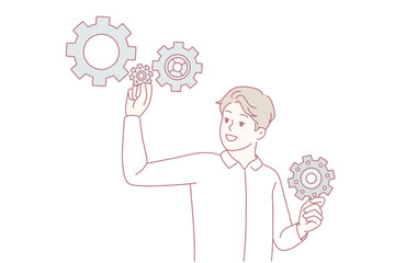 Man with gear mechanisms look for problem solution. Smiling businessman with gears brainstorm search for answer. Vector illustration.