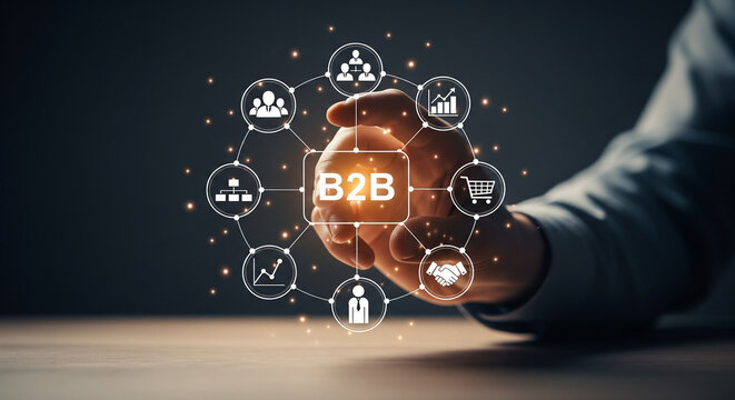 Businessman touching digital interface with B2B concept and network icons - Powered by Adobe