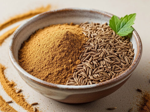 Rustic bowl with aromatic ground cumin powder and whole cumin seeds, garnished with a fresh mint leaf, showcasing its essential and versatile culinary role