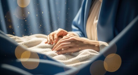 Fototapeta premium A holy nativity scene with the Virgin Mary's hands over the baby Jesus. The Christmas story of the birth of Christ. Spiritual and religious concept with divine light