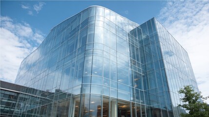 A modern glass building stands prominently in an urban environment showcasing its sleek design that reflects the surrounding clouds and blue sky. The structure features large windows and open spaces.