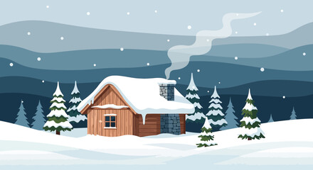 Fototapeta premium Cozy winter cabin retreat nestled amidst snowy pines in a serene cartoon landscape