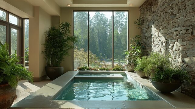A tranquil indoor spa features a small pool surrounded by lush plants and a large window showing a serene outdoor landscape under bright daylight.