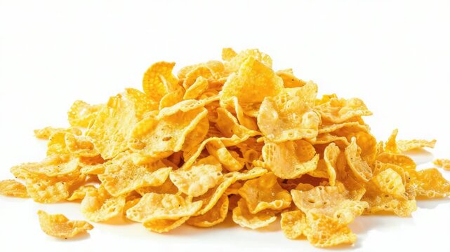 Video A pile of corn flakes on a white surface, perfect for food or lifestyle