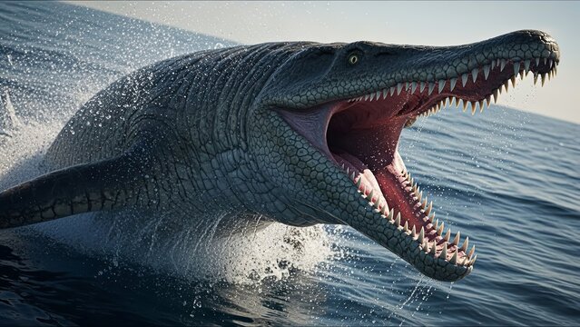 Mosasaurus emerges from ocean with mouth open showing sharp teeth.
