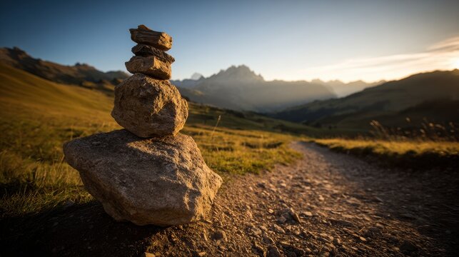 Stone Cairn on a Hiking Path With Mountain View