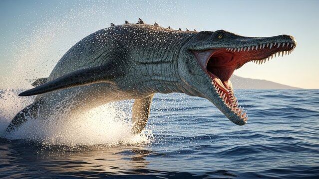 Mosasaurus leaping out of the ocean with its mouth wide open, showcasing its sharp teeth.