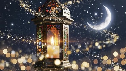 Glowing Ramadan lantern with candle lit and crescent moon in starry night sky with bokeh lights - Powered by Adobe