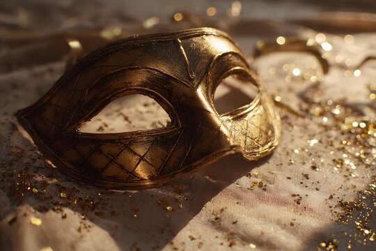 A golden masquerade mask rests on a soft, shimmering fabric sprinkled with glitter. Warm sunlight highlights the intricate engravings and metallic texture and creating an elegant.
