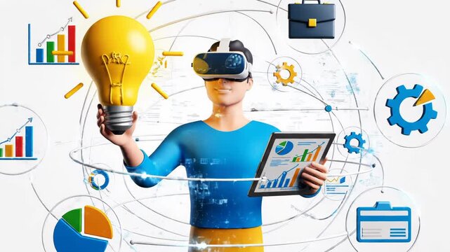 Businessman wearing vr headset holding lightbulb and tablet with charts, surrounded by business concept icons isolated on white background