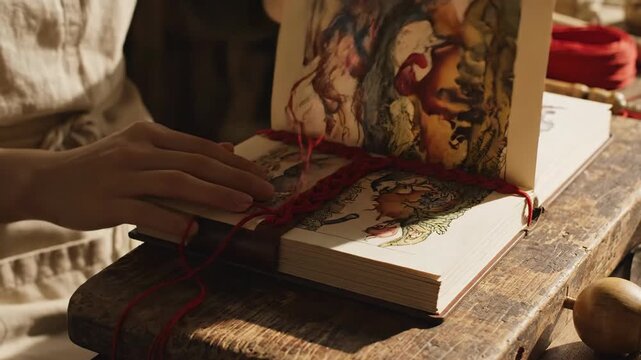 Crafting intricate knotwork with red thread on an open book detail