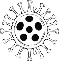 Virus icon in black line style featuring circular core with bone-like spikes and symbolic structure