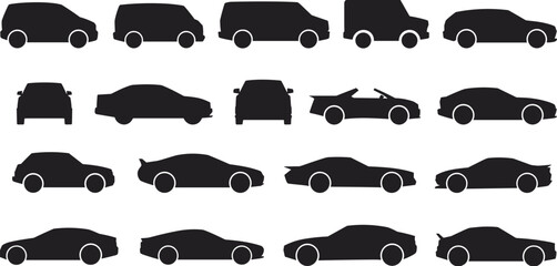 Car silhouette collection, sedan, van, convertible, sports car, compact vehicle, front view, side view, black transport icons, isolated graphic
