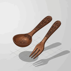 Artisan crafted wooden utensils: a spoon and fork with floral designs