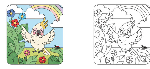 Cute cartoon cockatoo bird standing in garden with rainbow vector illustration. Adorable white parrot character having fun with flowers and ladybug in nature.