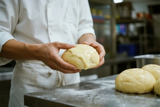 Baker shaping dough in a professional kitchen