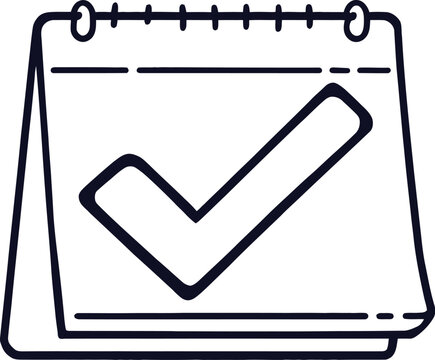 Calendar icon in black line style featuring spiral rings and central checkmark for task completion