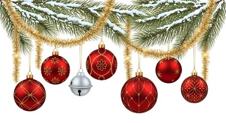 Festive Red Christmas Ornaments and Gold Tinsel Hanging on Snowy Pine Branches Border