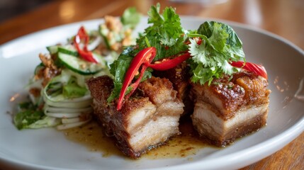Mouthwatering crispy pork belly served with fresh herbs and chili, paired with crunchy salad, showcasing vibrant colors and appetizing presentation