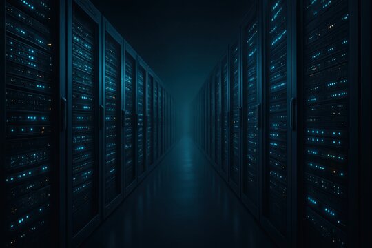 Expansive data center corridor with illuminated server racks creating an atmosphere of advanced technology and digital connectivity showcasing innovation and efficiency