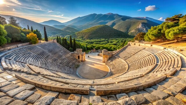 Ancient Greek theater in Epidaurus with a stone facade and a scenic view of the surrounding hills