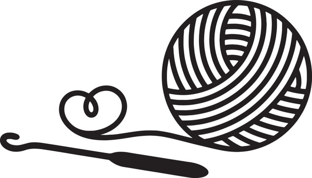Ball of Yarn with Crochet Hook Linear Vector Illustration