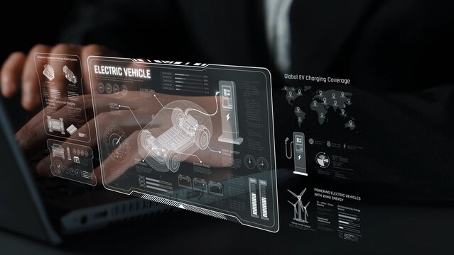 Technical layout of electric vehicle showing battery system, power control, traction motor, charging interface, and integration with renewable and smart energy sources Marrow