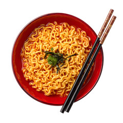 Delicious Spicy Ramen Noodles in Red Bowl Isolated