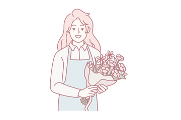 Portrait of smiling female florist in apron holding beautiful floral bouquet. Happy woman with flowers in hands working in botanical shop. Vector illustration.