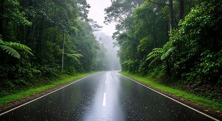 Obraz premium A Picturesque Wet Road Winds Through A Dense, Lush Rainforest, Shrouded In Mist And Rain, Evoking A Serene Journey Into Nature's Heart.