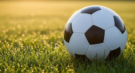 Close up of a classic black and white soccer ball resting on lush dewy morning grass at sunrise