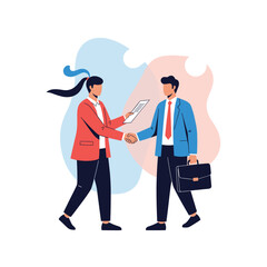 A successful business agreement is sealed with a firm handshake between a professional man carrying a briefcase and a woman holding important documents.