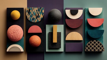 Simple Memphis-style New Year flat lay background, geometric festive accents, modern abstract shapes, soft bright palette, creative balanced arrangement, unique composition