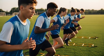 Diverse Teen Soccer Team Training Agility with Ladder Drills on Sunny Sports Field