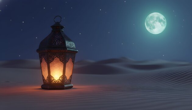 An ornate glowing lantern rests on a desert sand dune under a starry night sky with a full moon.