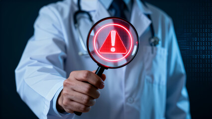 Doctor examining alert symbol through magnifying glass in a clinical environment. Dark background conveys seriousness of medical situation. Concept of healthcare, medical alerts, diagnostics