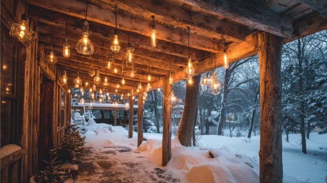 Cozy winter cabin entrance adorned with warm glowing string lights and a snowy landscape, inviting atmosphere and rustic charm in a picturesque setting