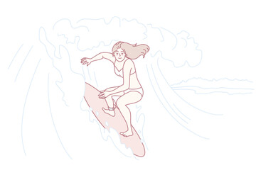 Happy woman in bikini surfing on waves in ocean on board. Smiling active female surfer have fun enjoy summer vacation. Vector illustration.