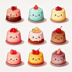 set of funny cartoon cakes pudding 