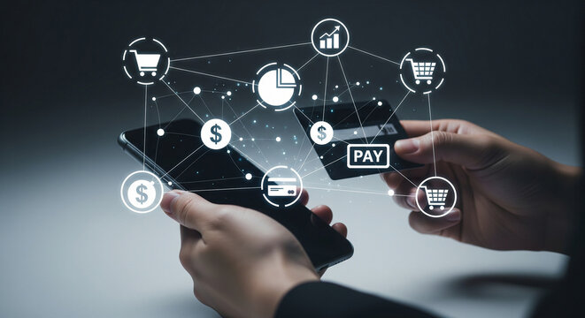 Hands holding smartphone and credit card with digital payment icons, symbolizing online shopping convenience. - Powered by Adobe