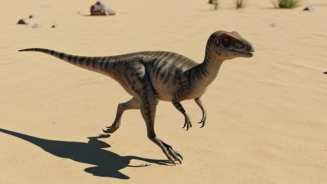 Compsognathus dinosaur running across a sandy landscape in the sun.