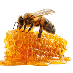 Glistening Honey Bee on Vibrant Honeycomb with Dripping Golden Honey