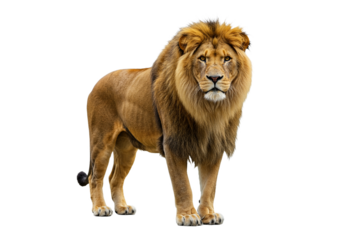 Side view of a Lion walking, looking at the camera, Panthera Leo, 10 years old, isolated on a white transparent background