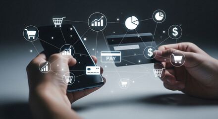 Seamless digital payment experience with a smartphone and credit card, surrounded by financial icons