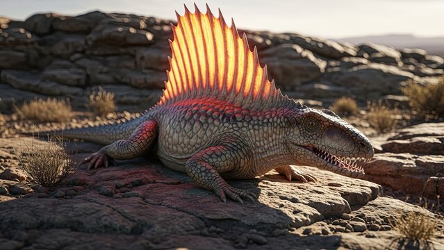 Dimetrodon basking in the sun on a rocky landscape.