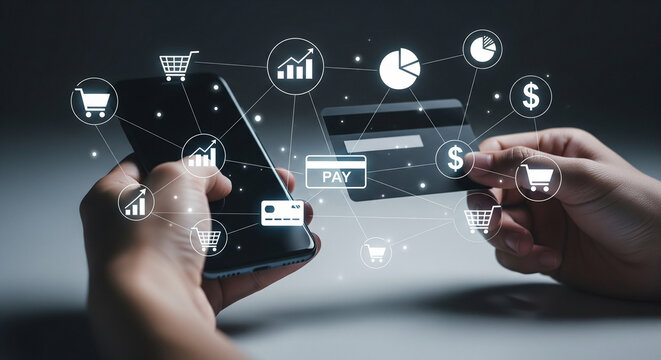 Seamless digital payment experience with a smartphone and credit card, surrounded by financial icons