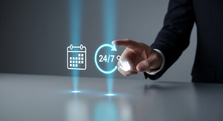 Hand interacting with futuristic icons for scheduling and 24/7 service