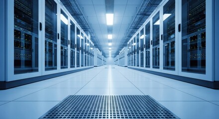 Modern data center with rows of server racks, showcasing information technology.