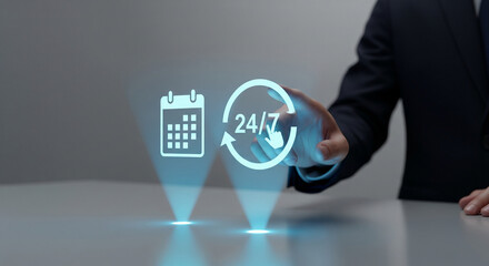 Business professional interacting with holographic icons representing scheduling and 24/7 availability.