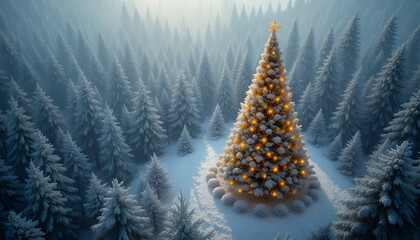 Christmas tree in a snowy forest illuminated with golden lights a festive winter scene
